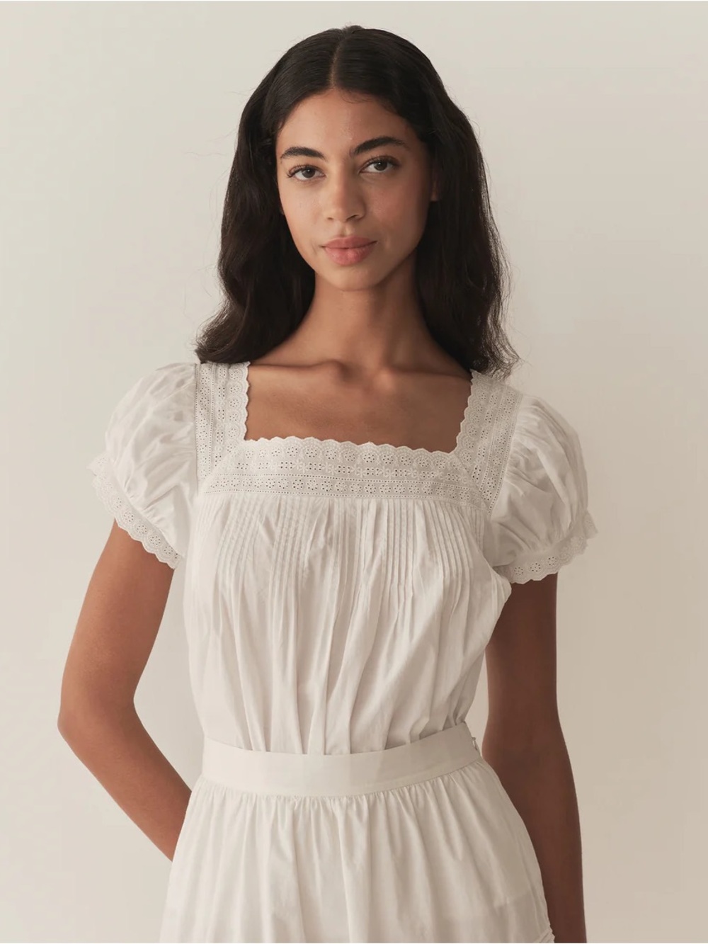 Doen White Eyelet Puff Sleeve Square-Neck Cotton Poplin Blouse